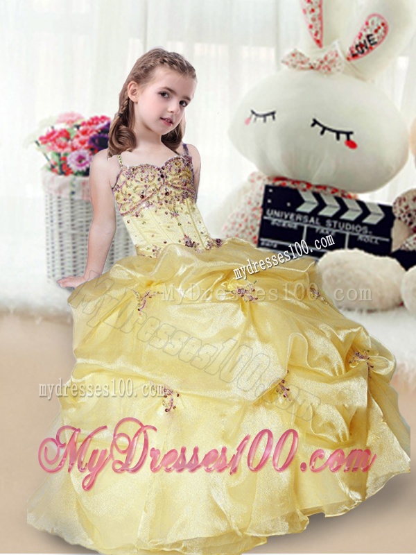 Wonderful Beading and Appliques Yellow Little Girl Pageant Gowns