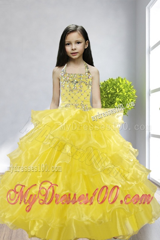 Yellow Ball Gown Halter Beading and Ruffles Little Girl Pageant Dress for 2016