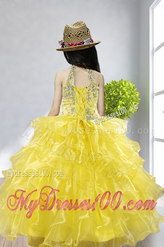 Yellow Ball Gown Halter Beading and Ruffles Little Girl Pageant Dress for 2016