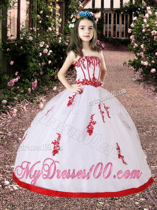 White and Red Little Girl Pageant Dress with Appliques