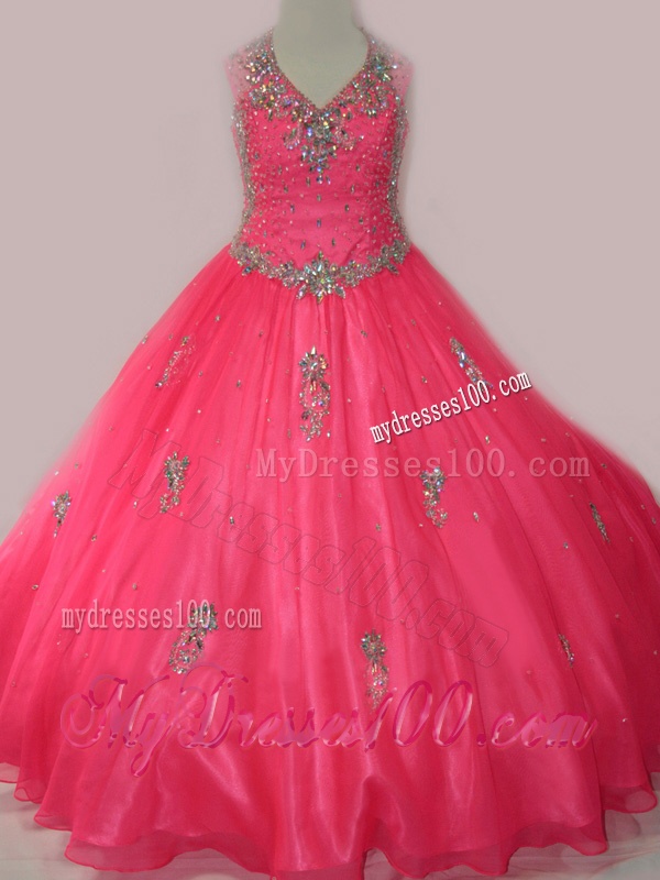 2016 Fashionable Beaded and Applique Little Girl Pageant Dress with V Neck