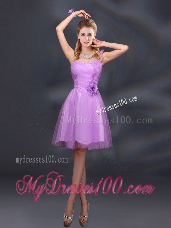 2016 Lilac Hand Made Flowers A Line One Shoulder Bridesmaid Dresses