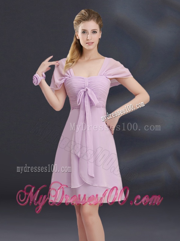 A Line Square Ruhing Bridesmaid Dress with Cap Sleeves