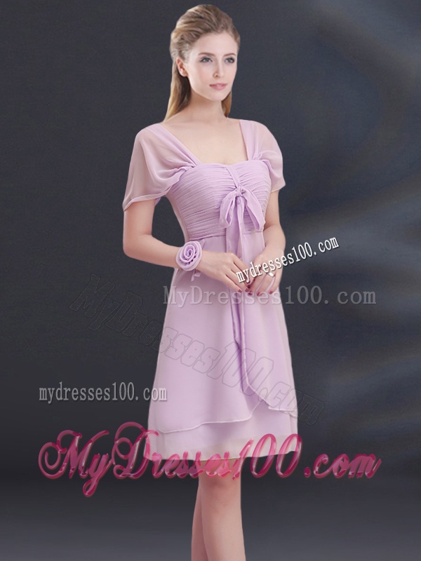 A Line Square Ruhing Bridesmaid Dress with Cap Sleeves