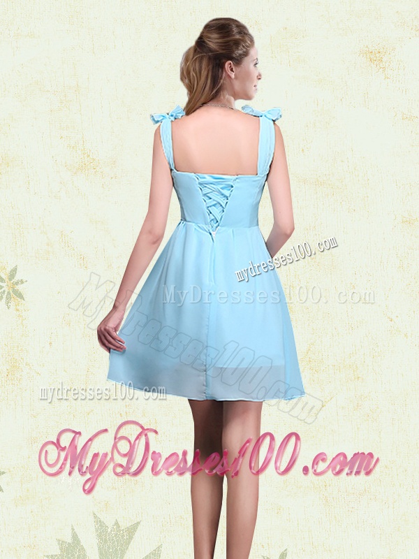 A Line Straps Bridesmaid Dresses with Ruching and Bowknot