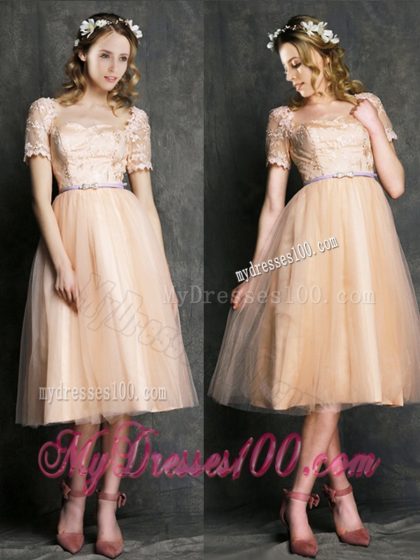 Beautiful Bateau Short Sleeves Bridesmaid Dress with Sashes and Lace