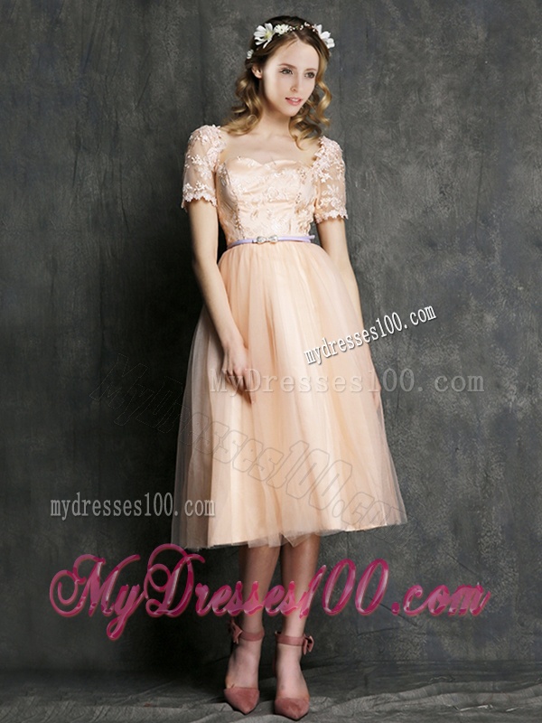 Beautiful Bateau Short Sleeves Bridesmaid Dress with Sashes and Lace
