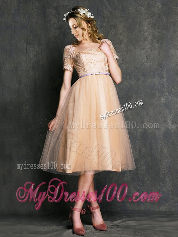 Beautiful Bateau Short Sleeves Bridesmaid Dress with Sashes and Lace