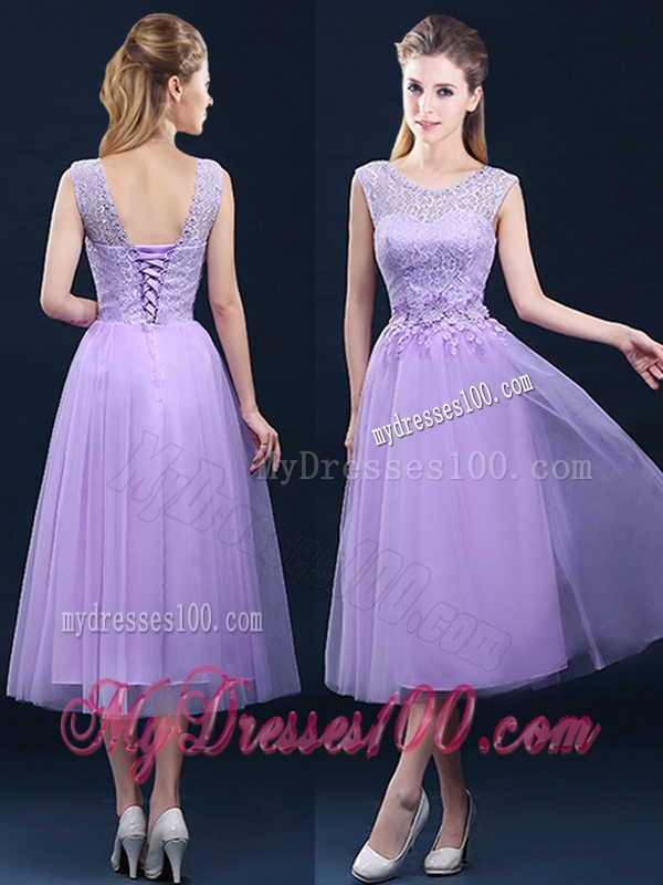 Beautiful See Through Laced and Applique Bridesmaid Dress in Tea Length