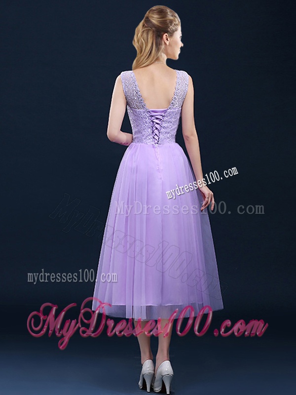 Beautiful See Through Laced and Applique Bridesmaid Dress in Tea Length