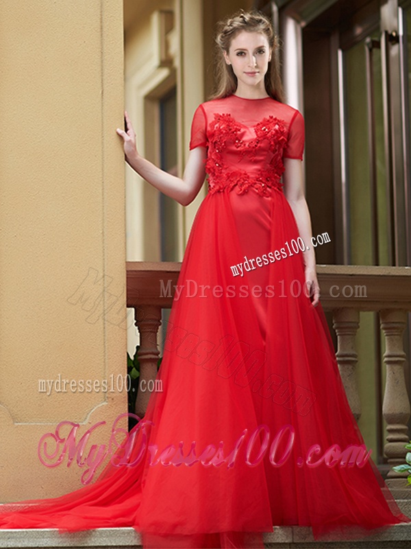 Beautiful See Through Short Sleeves Bridesmaid Dress with Removable Train