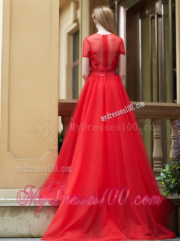 Beautiful See Through Short Sleeves Bridesmaid Dress with Removable Train