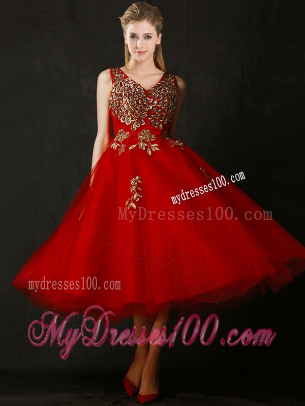 Beautiful V Neck Tea Length Bridesmaid Dress with Beading and Appliques