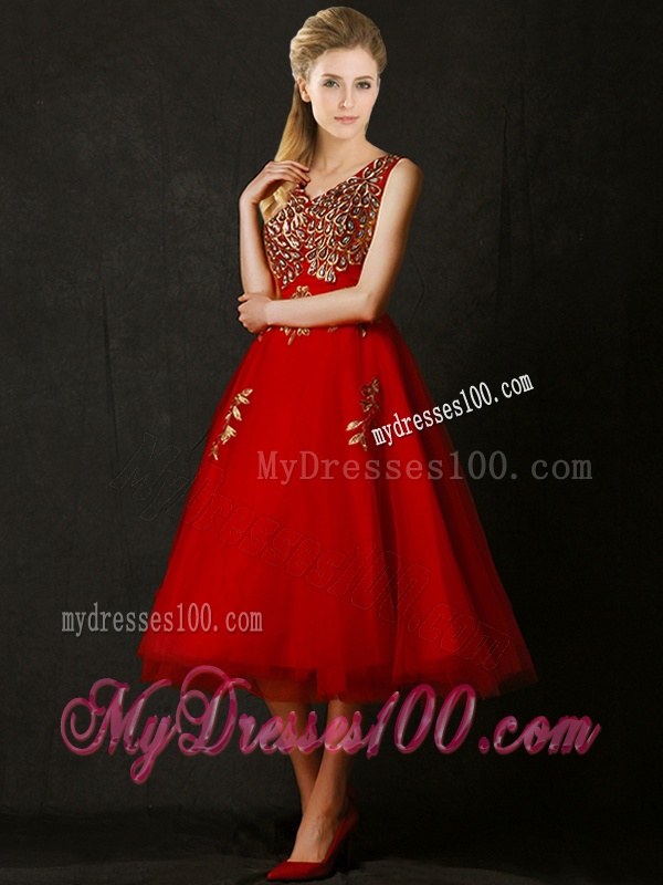 Beautiful V Neck Tea Length Bridesmaid Dress with Beading and Appliques
