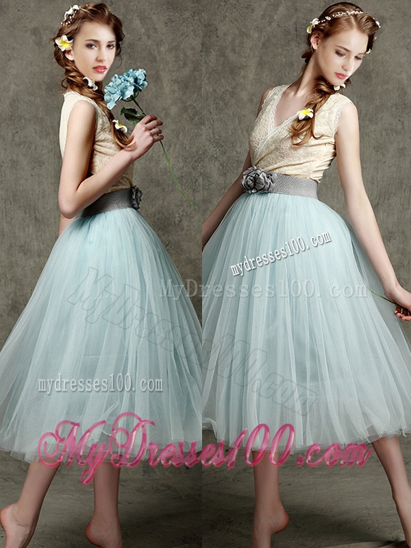Best Hand Made Flowers and Belted V Neck Bridesmaid in Apple Green