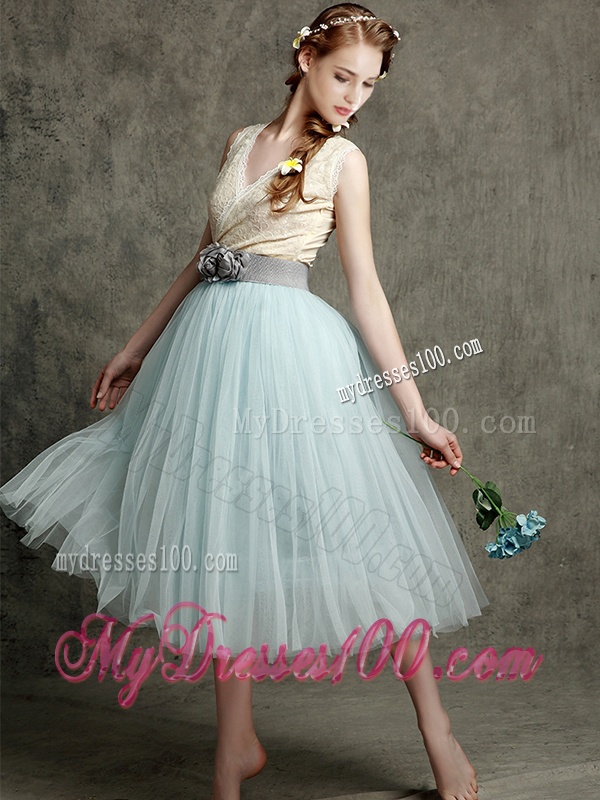 Best Hand Made Flowers and Belted V Neck Bridesmaid in Apple Green