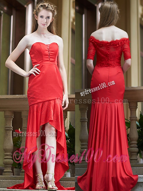 Cheap Column High Low Red Bridesmaid Dress with Brush Train