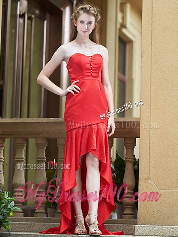 Cheap Column High Low Red Bridesmaid Dress with Brush Train