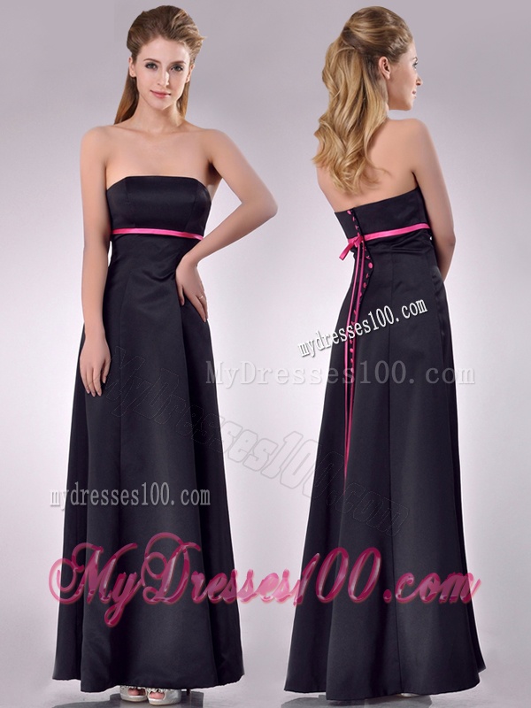 Classical Black Ankle Length Bridesmaid Dress with Hot Pink Belt