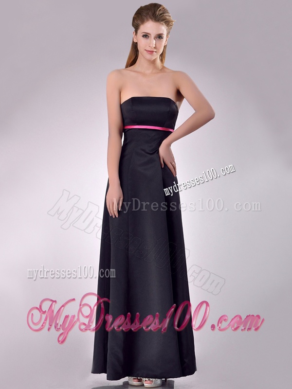 Classical Black Ankle Length Bridesmaid Dress with Hot Pink Belt