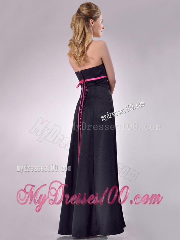 Classical Black Ankle Length Bridesmaid Dress with Hot Pink Belt