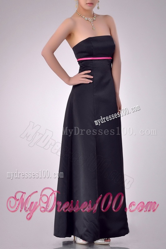 Classical Black Ankle Length Bridesmaid Dress with Hot Pink Belt