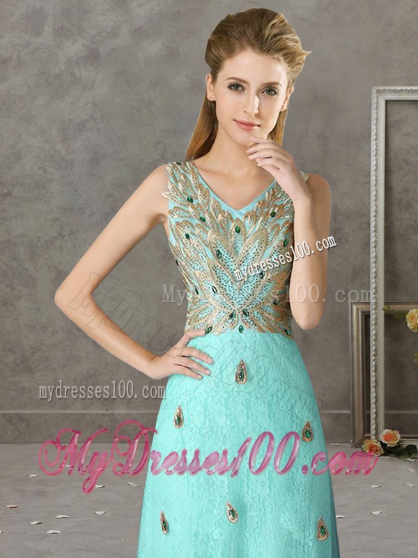 Discount Beaded and Applique V Neck Bridesmaid Dress in Apple Green