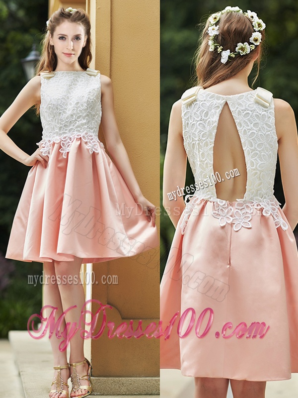 Elegant Bateau Open Back Applique Short Bridesmaid Dress in Pink