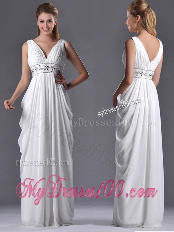 Elegant Empire V Neck Chiffon White Bridesmaid Dress for Graduation