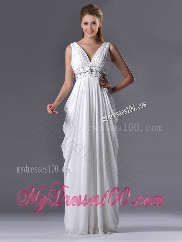 Elegant Empire V Neck Chiffon White Bridesmaid Dress for Graduation