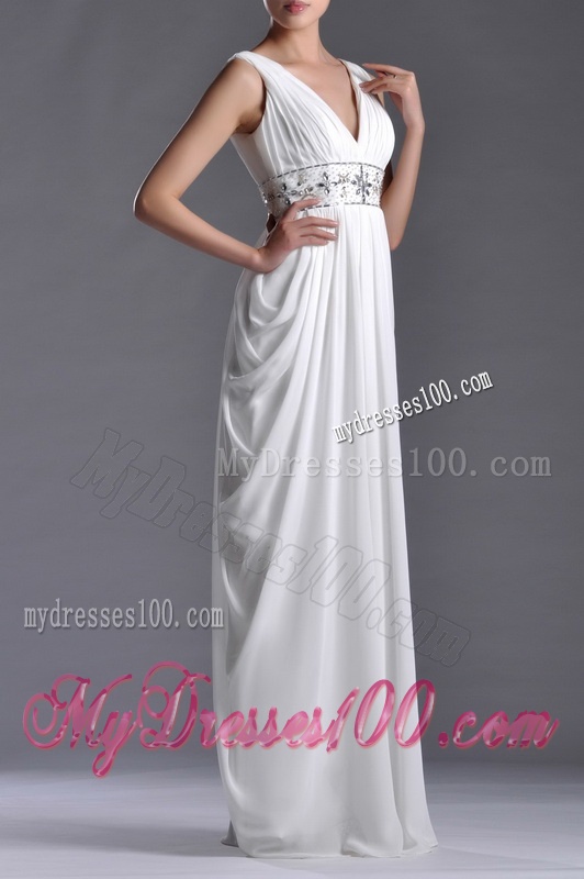 Elegant Empire V Neck Chiffon White Bridesmaid Dress for Graduation