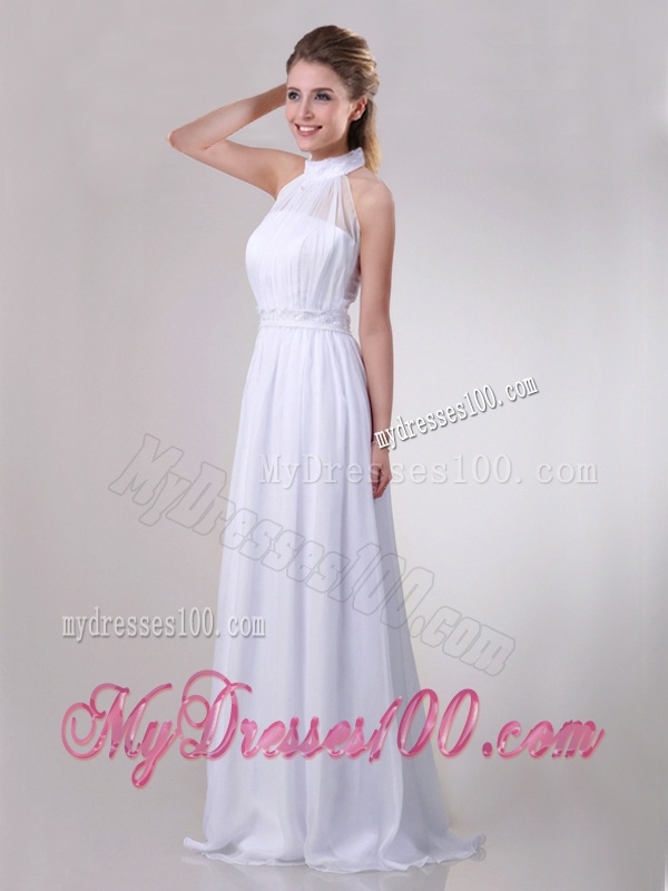 Empire Halter Top Applique Decorated Waist White Bridesmaid Dress in Chiffon