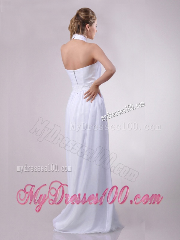 Empire Halter Top Applique Decorated Waist White Bridesmaid Dress in Chiffon
