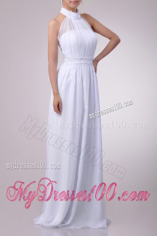 Empire Halter Top Applique Decorated Waist White Bridesmaid Dress in Chiffon