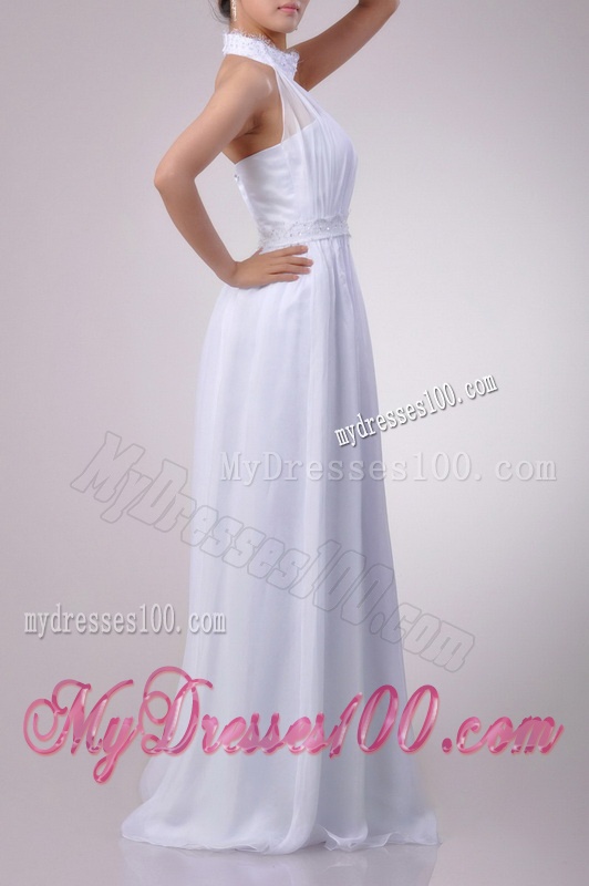 Empire Halter Top Applique Decorated Waist White Bridesmaid Dress in Chiffon
