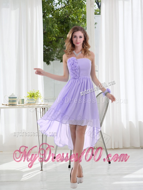 Empire Strapless Hand Made Flowers Bridesmaid Dress with High Low