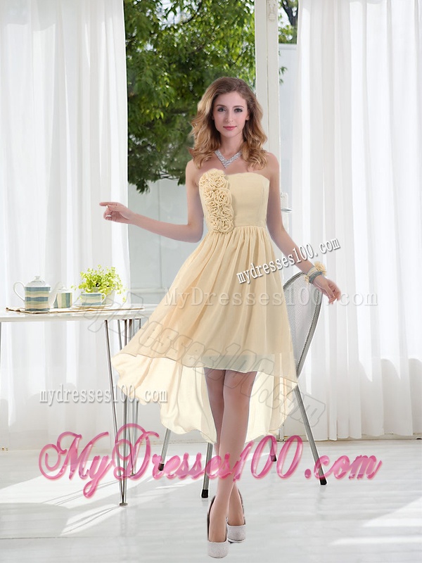 Empire Strapless Hand Made Flowers Bridesmaid Dress with High Low