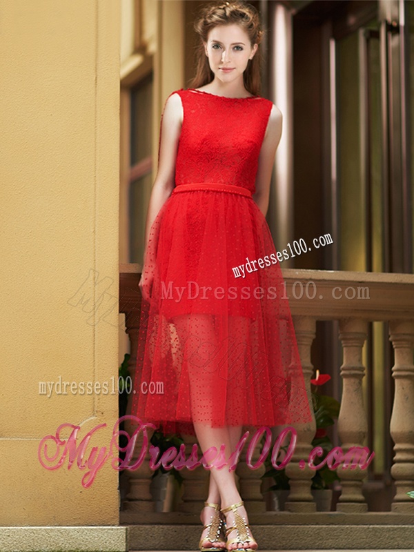 Exclusive Bateau Lace Tea Length Bridesmaid Dress in Red
