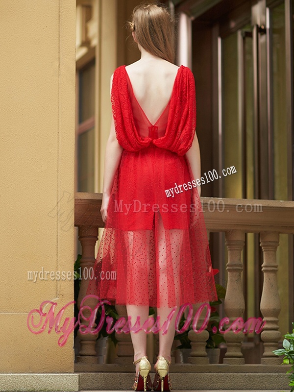 Exclusive Bateau Lace Tea Length Bridesmaid Dress in Red