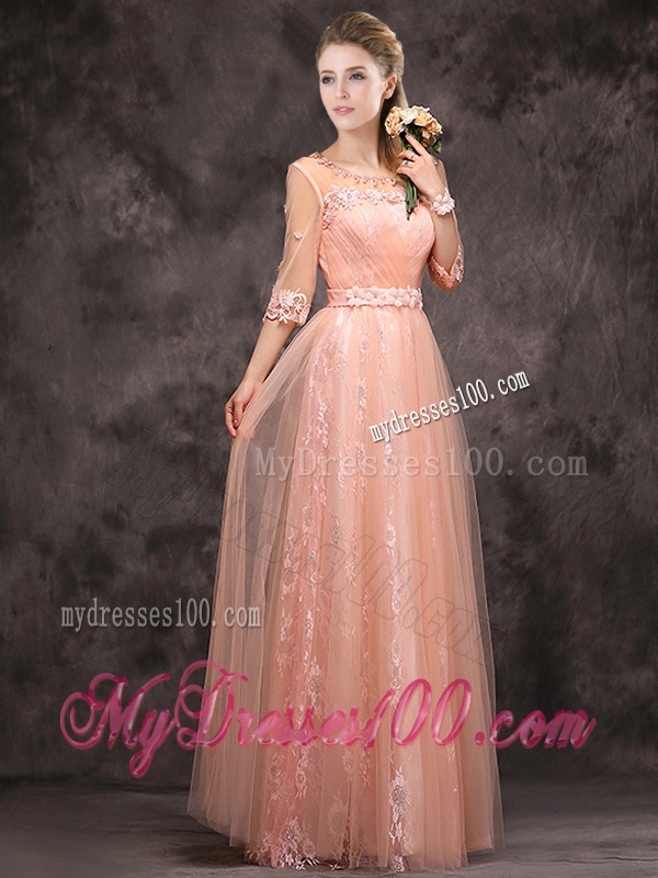 Exquisite See Through Applique and Laced Long Bridesmaid Dress in Peach