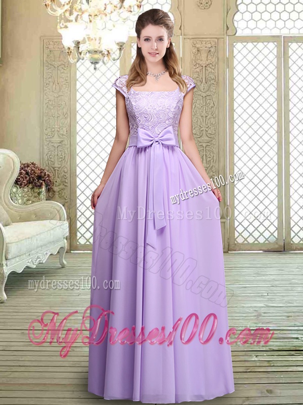 Fashionable Square Cap Sleeves Lavender Bridesmaid Dresses with Belt