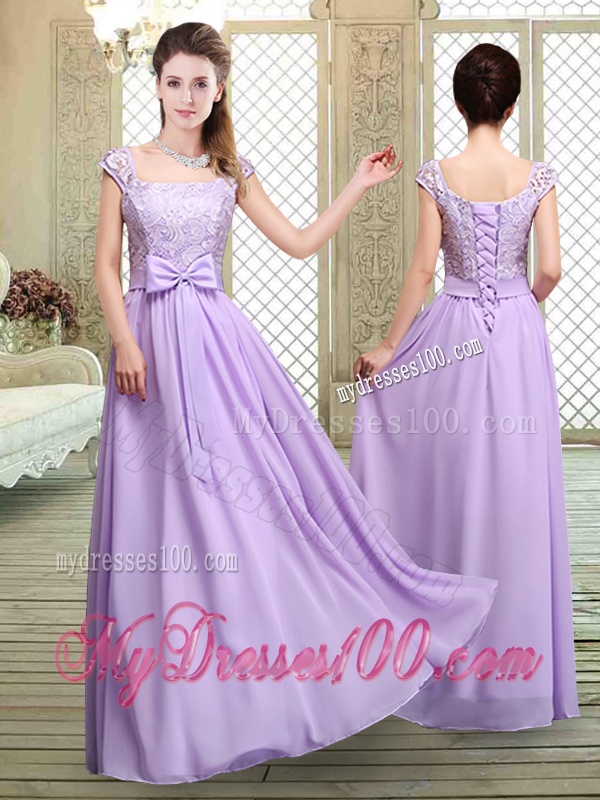 Fashionable Square Cap Sleeves Lavender Bridesmaid Dresses with Belt