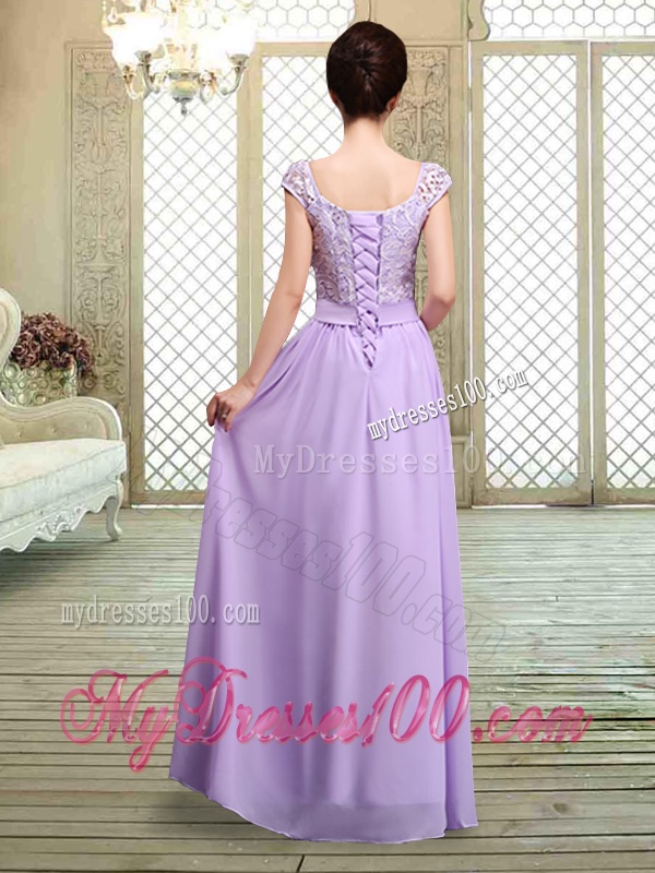Fashionable Square Cap Sleeves Lavender Bridesmaid Dresses with Belt