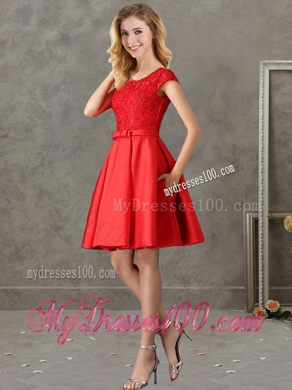 Gorgeous Scoop Cap Sleeves Red Bridesmaid Dress with Lace and Bowknot