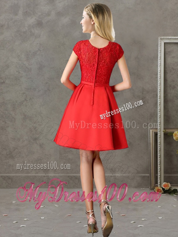 Gorgeous Scoop Cap Sleeves Red Bridesmaid Dress with Lace and Bowknot