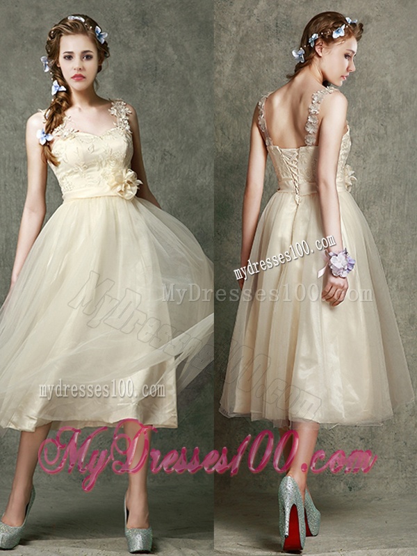 Gorgeous Straps Champagne Bridesmaid Dress with Appliques and Hand Made Flowers
