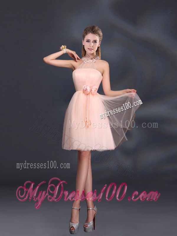 Halter Hand Made Flowers Bridesmaid Dresses with Mini Length