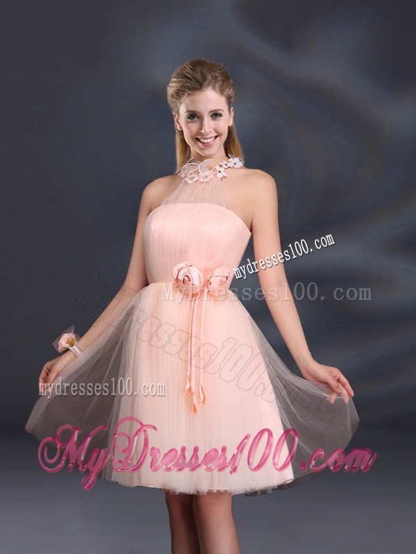 Halter Hand Made Flowers Bridesmaid Dresses with Mini Length