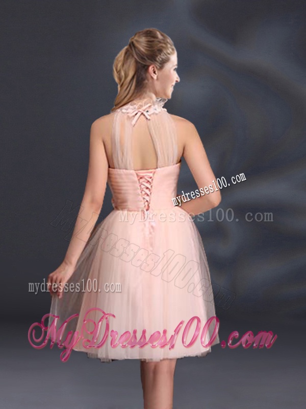 Halter Hand Made Flowers Bridesmaid Dresses with Mini Length