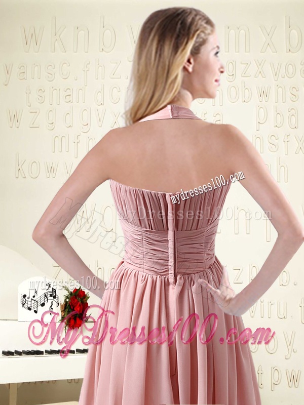 Halter Ruching and Handmade Flowers Empire Chiffon Bridesmaid Dresses